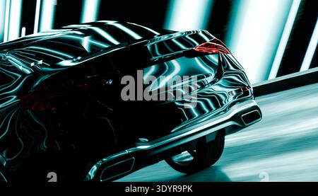 Guida di un'auto ad alte prestazioni di lusso che riflette le luci al neon di notte Foto Stock