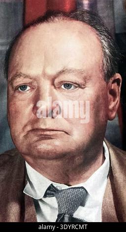Fotografia di Winston Churchill durante la sua campagna del 1945 per la rielezione a primo ministro. L'immagine cattura il contesto culturale dell'era della seconda guerra mondiale, riflettendo un momento di leadership e contemplazione. 1945. Foto Stock