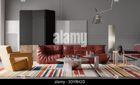Soggiorno di design moderno che combina poltrona tubolare Bauhaus, moderno divano in pelle scultorea italiana e tappeto geometrico colorato in un ambiente elegante Foto Stock