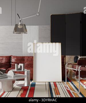 Elegante soggiorno contemporaneo con mockup con cornice a poster, divano in pelle scultorea, sedia tubolare e tappeto geometrico colorato che creano un'atmosfera suggestiva Foto Stock