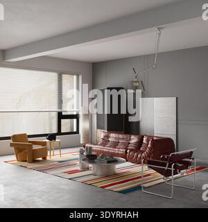 Elegante soggiorno contemporaneo con divano in pelle scultorea, sedia tubolare e tappeto geometrico grafico con ampio spazio negativo sulle pareti. 3D. Foto Stock