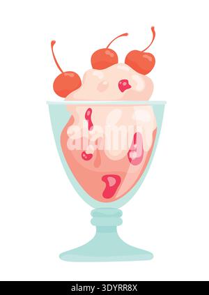 Un dessert gelato servito in un bicchiere alto. Ricoperto di ciliegie rosse brillanti sui gambi. Clipart vettoriale piatto, illustrazione con sfondo isolato. Illustrazione Vettoriale