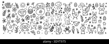 Icone di Pasqua con uova primaverili, coniglietti e simpatiche illustrazioni di cesti. Elementi disegnati a mano con fiori, farfalle e decorazioni natalizie. Illustrazione Vettoriale
