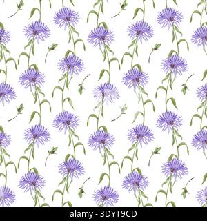 Motivo senza cuciture con fiori di fiordaliso viola e gambi verdi. Illustrazione di disegno ad acquerello disegnata a mano con elementi floreali botanici. Ideale per carta da parati in tessuto, carta da imballaggio Foto Stock