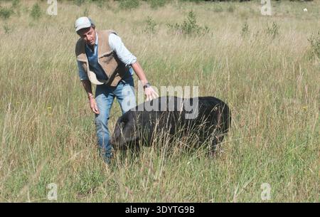 Lord Somerleyton, Hugh Crossley (cap) e Argus Hardy nella Somerleyton Estate, Suffolk. La tenuta ha impegnato 1.000 acri per un progetto pionieristico di riqualificazione, principalmente incentrato sulla riserva naturale del lago Fritton. Come fondatore del movimento WildEast, Lord Somerleyton sostiene di restituire il 20% della terra alla natura per combattere la perdita di biodiversità. Il progetto utilizza il "patrimonio naturale", tra cui il bestiame delle Highland, i pony Exmoor, i bufali d'acqua e i maiali neri liberi di muoversi, per agire come ingegneri dell'ecosistema naturale. Questi animali riproducono antichi schemi di pascolo per ripristinare un mosaico di brughiera, boschi, Foto Stock