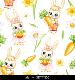 Simpatico e luminoso schema pasquale di coniglietti acquerelli, carote e fiori di narcisi. Illustrazione ad acquerello fatta a mano. Foto Stock
