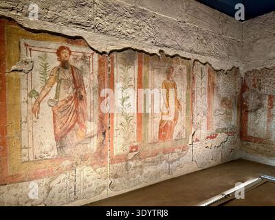 Mosaici di Penelope e affreschi di Deidameia di Zeugma. Affascinante arte mitologica romana esposta al Museo del mosaico Zeugma di Gaziantep, Turchia Foto Stock