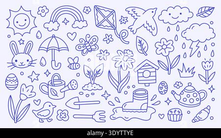 Collezione di doodle di primavera e Pasqua con elementi da giardino disegnati a mano, coniglietto, fiori, arcobaleno, sole. Icone vettoriali per giardinaggio, meteo, natura Illustrazione Vettoriale