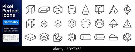 Gruppo di icone della linea geometrica. Cubo, sfera, piramide, cilindro, cono, torus, prisma, ottaedro, illustrazioni vettoriali minime forme geometriche. Contorno semplice Illustrazione Vettoriale