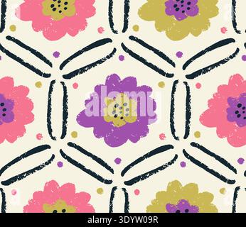 modello senza eamless con fiori astratti disegnati a mano all'interno di esagoni geometrici. Design botanico moderno con pennellate artistiche Illustrazione Vettoriale