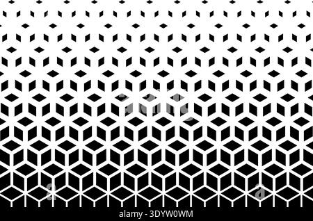 Scomparsa del modello di forme cubiche. Cubi ripetuti che svaniscono in proiezione isometrica. Stampa geometrica astratta minimalista. Forme diamantate con sfondo sbiadito. Illustrazione grafica vettoriale. Illustrazione Vettoriale