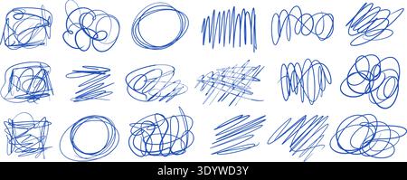 Disegnati a mano con penne blu astratte. Scarabocchiare graffi espressivi per nota casearia. Linee caotiche, cerchi, spaccati spontaneamente. Vettoriale c Illustrazione Vettoriale