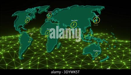 Visualizzazione di una mappa del mondo color azzurro stilizzata che passa con il mouse sopra la griglia virtuale, mostrando icone dell'orologio brillanti Foto Stock