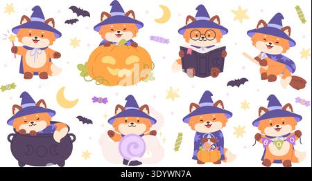 Strega volpe. Divertente personaggio magico di halloween. Incantesimo di lancio di animali selvatici, lettura di un libro di stregoneria, volo sulla scopa. Mascotte infantili del festival autunnale Illustrazione Vettoriale