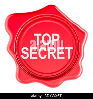 Top Secret, sigillo di cera rosso. rendering 3d isolato su sfondo bianco Foto Stock