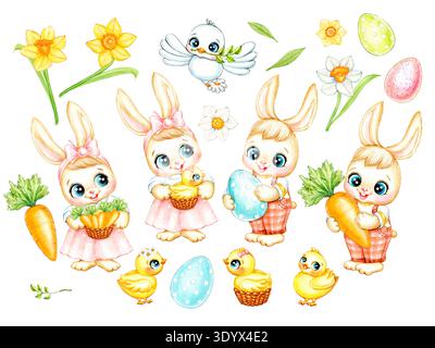 Set di acquerelli pasquali con simpatici coniglietti pasquali, polli, piccione, uova, carote e fiori di narcisi. Illustrazione ad acquerello fatta a mano Foto Stock