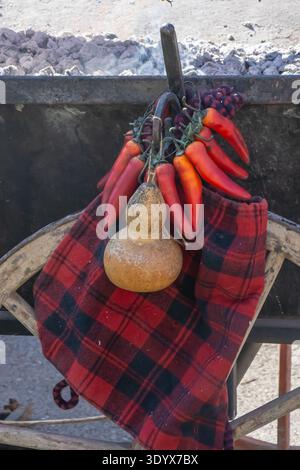 Peperoncini rossi freschi legati insieme a una buccia secca appesa sopra una rustica area di cottura all'aperto con brace calde, evocando la tradizionale cucina rurale Foto Stock