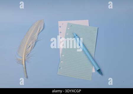 Piuma bianca, penna blu e fogli di carta su superficie blu pastello. vista dall'alto. Foto Stock