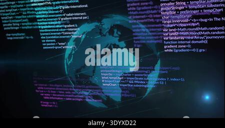 Globo olografico rotatorio punteggiato che mostra il codice a scorrimento e le linee della griglia nel dashboard virtuale Foto Stock