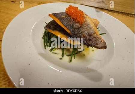 Spigola con zaffiro e uova di salmone Foto Stock