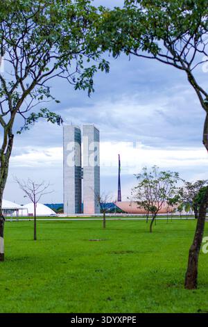 Veduta del Congresso Nazionale brasiliano, a Brasilia, Senato Federale, ritratto Foto Stock
