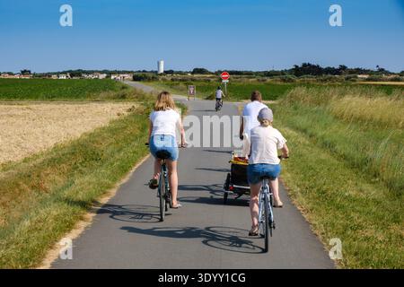 In bicicletta per tutta la famiglia lungo la strada rurale attraverso la campagna pianeggiante di Île de Ré, Charente-Maritime, Francia Foto Stock