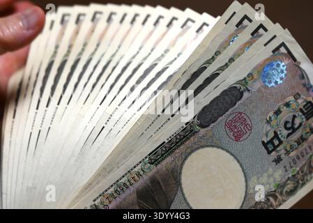 Lo Yen giapponese è disponibile in monete da 1, 5, 10, 50, 100, e 500 yen, e banconote da 1.000, 2.000, 5.000 e 10.000 yen. Foto Stock