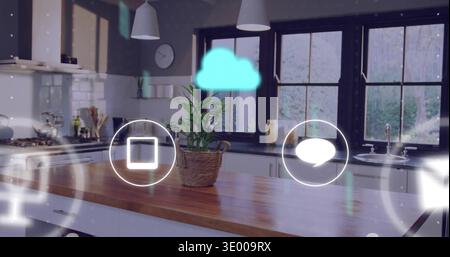 Caratterizzata da una fioriera intrecciata con una pianta domestica verde seduta su un'isola di legno in cucina con sovrapposizioni AR Foto Stock