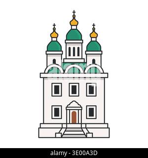 Chiesa ortodossa con cupole verdi e croci dorate. Architettura cristiana del tempio. Illustrazione vettoriale. Simbolo delle festività pasquali e simbolo religioso Illustrazione Vettoriale