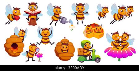 Personaggi delle api del miele cartoni animati con mascotte vettoriali, favo, fiori e alveare. Set di api felici per bambini e operai, api mellifere con miele e alveare, libro, lente d'ingrandimento e bicicletta per il parto Illustrazione Vettoriale