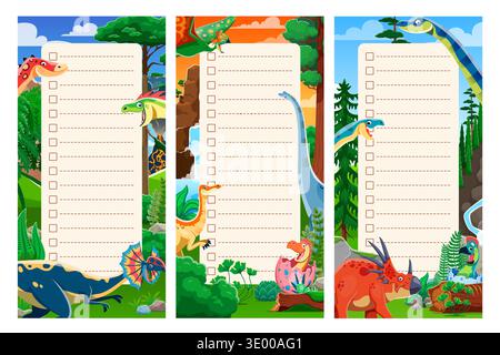 Le note per i bambini sono impreziosite da simpatici dinosauri nella giungla preistorica. Pagina di carta vettoriale per notebook, diario o pianificatore scolastico, appunti per bambini o elenco di cornici di dinosauri e personaggi dei dinosauri Illustrazione Vettoriale