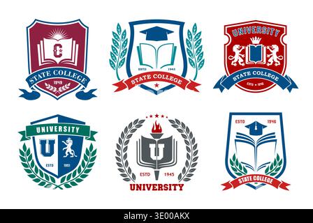 Icone dell'università, dell'accademia e dell'istruzione scolastica. Stemmi vettoriali a scudo di libri, cappelli di torcia e graduazioni con corone d'alloro e striscioni a nastro. Set di insegne araldiche universitarie o universitarie Illustrazione Vettoriale
