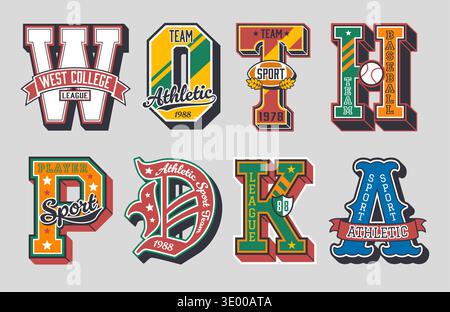 Etichette con patch sportive Varsity e badge da atletica per giacca universitaria o universitaria. Lettere Vector vintage varsity con palline da baseball e da football americano, bandiere, stelle e striscioni a nastro Illustrazione Vettoriale