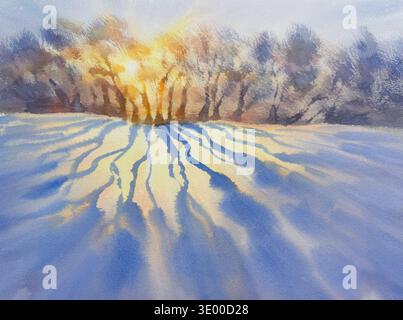 Soleggiato paesaggio invernale con alberi e ombre sfondo ad acquerello Foto Stock