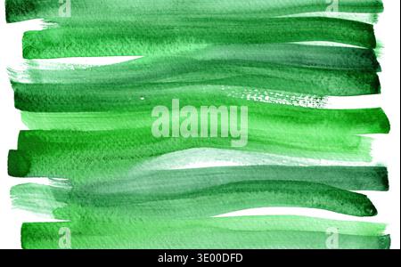 Un'illustrazione dinamica ad acquerello, composta da pennellate orizzontali in varie tonalità di verde e oliva. La tecnica fatta a mano crea uno sfondo dalle texture uniche e visivamente belle. Foto Stock