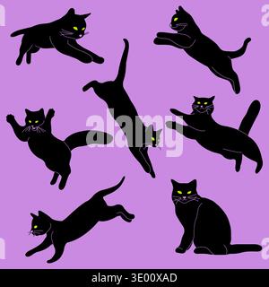 Sagome di gatto giocose in pose diverse. Set di divertenti cuccioli neri che saltano e corrono. Felicità gatti attivi che saltano. Illustrazione Vettoriale