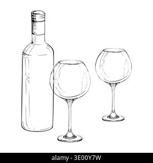 Composizione decorativa del vino con bottiglia e bicchieri da vino arrotondati sul gambo lungo. Illustrazione vettoriale isolata disegnata a mano con inchiostro. Identità del vigneto Illustrazione Vettoriale
