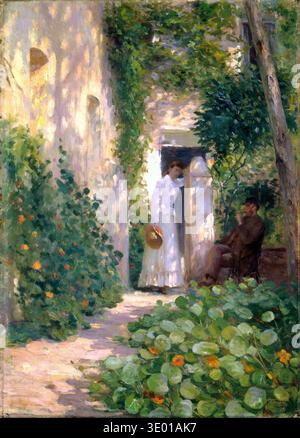 Questo dipinto, intitolato 'Nasturtiums', di Tudor St George Tucker della fine del XIX o dell'inizio del XX secolo, raffigura una tranquilla scena all'aperto. Una donna con un abito bianco regge un cappello vicino a una porta soleggiata, mentre un uomo siede vicino all'ombra, fumando una pipa, circondato da una vegetazione lussureggiante e dai vivaci fiori di nasturzio. Foto Stock