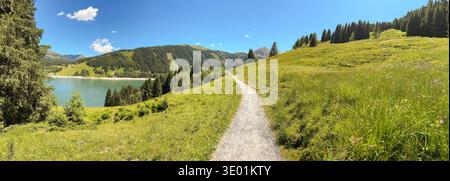 Vista panoramica del lago Speicher Durlaßboden da un sentiero escursionistico a Königsleiten in Austria durante l'estate il paesaggio presenta un verde prato blu foresta Foto Stock