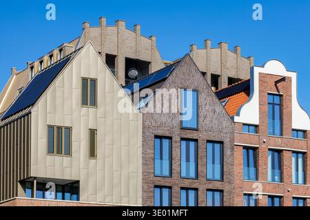 Case sui canali contemporanee di nuova costruzione di fronte a un cielo blu a Zwolle, nei Paesi Bassi Foto Stock