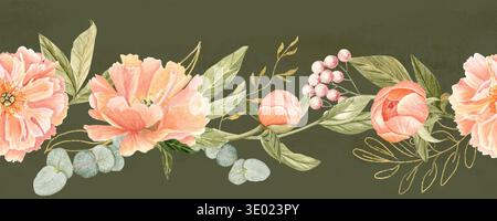 Peonie di pesca, eucalipto, acquerello di bacche bordo senza cuciture su sfondo verde. Dipinto a mano, perfetto per decorazioni, branding, packaging, tessuti Foto Stock