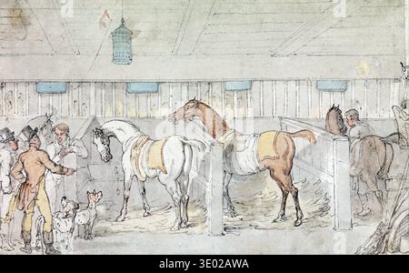Questo affascinante acquerello e disegno a penna di Thomas Rowlandson, intitolato "interni di una stalla", raffigura una scena stabile e trafficata dei primi anni del XIX secolo. Diversi cavalli sono assistiti da mani stabili e altre figure, con due cani che osservano l'attività. Foto Stock