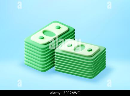 Pila 3D di banconote con carta verde. Illustrazione Vettoriale