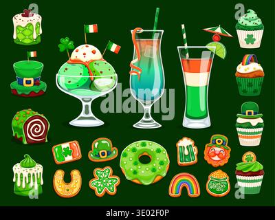 Buon giorno di San Patrizio, dolci, biscotti e dessert. Dolci vettoriali a cartoni animati e dolci irlandesi. Gelato natalizio di San Patrizio, Illustrazione Vettoriale