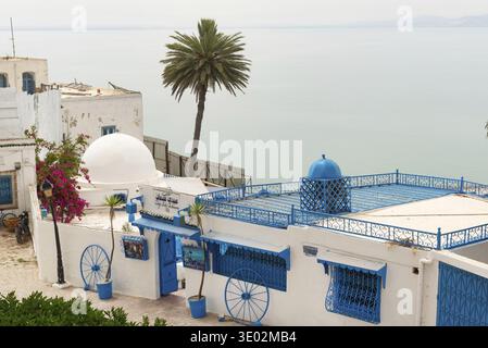 17 maggio 2024. Sidi Bou ha detto, Tunisia. Cafe des Delices o Cafe Sidi Chabaane, il piu' famoso caffe' di Sidi Bou Said, uno dei posti migliori per dri Foto Stock
