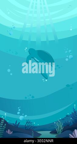 Sea Turtle nuota nell'oceano sottomarino illuminato dal sole Illustrazione Vettoriale