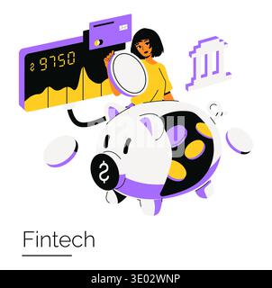 Illustrazione della tecnologia finanziaria con una donna che esamina i dati finanziari attraverso un'interfaccia digitale, con un salvadanaio che simboleggia il risparmio. Include elementi bancari e moderni concetti finanziari. Illustrazione Vettoriale