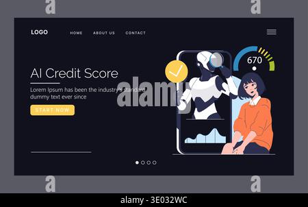 Illustrazione vettoriale che raffigura l'analisi del punteggio di credito ai con un robot futuristico e una donna che interagisce con uno schermo mobile. I grafici e le icone digitali sottolineano il progresso tecnologico. Illustrazione Vettoriale