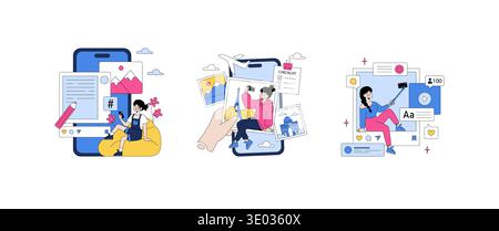 Illustrazione vettoriale di persone che utilizzano gli smartphone per il coinvolgimento dei social media. Illustra la creazione di contenuti, l'esecuzione di selfie e l'interazione online con mi piace e commenti. Colorato e coinvolgente. Illustrazione Vettoriale