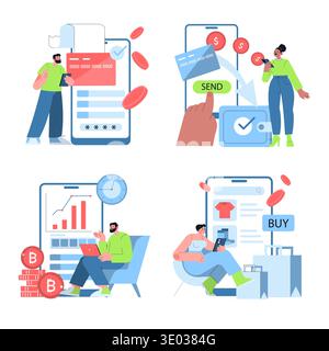 Serie di illustrazioni vettoriali che illustrano varie transazioni digitali tramite smartphone. Include pagamenti mobili, acquisti online, trading di criptovalute e trasferimenti di fondi digitali. Design vivace e moderno. Illustrazione Vettoriale